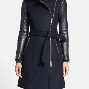 MACKAGE BLACK WOOL/LEATHER BELTED COAT